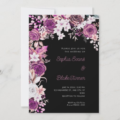 Romantic Purple and White Roses Black Wedding Invitation