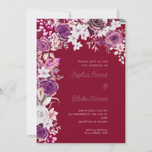 Romantic Purple and White Roses Burgundy Wedding Invitation