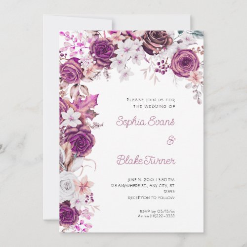 Romantic Purple and White Roses White Wedding Invitation