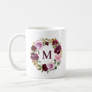 Romantic Purple Autumn Floral Wreath Monogram Coffee Mug