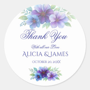 Romantic Purple Blue Botanical Watercolor Wedding Classic Round Sticker