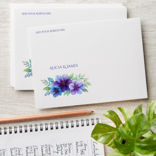Romantic Purple Blue Botanical Watercolor Wedding  Envelope (Stacked)