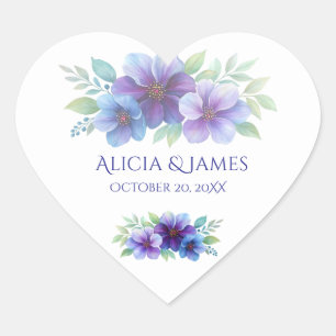 Romantic Purple Blue Botanical Watercolor Wedding Heart Sticker