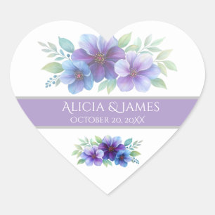 Romantic Purple Blue Botanical Watercolor Wedding Heart Sticker