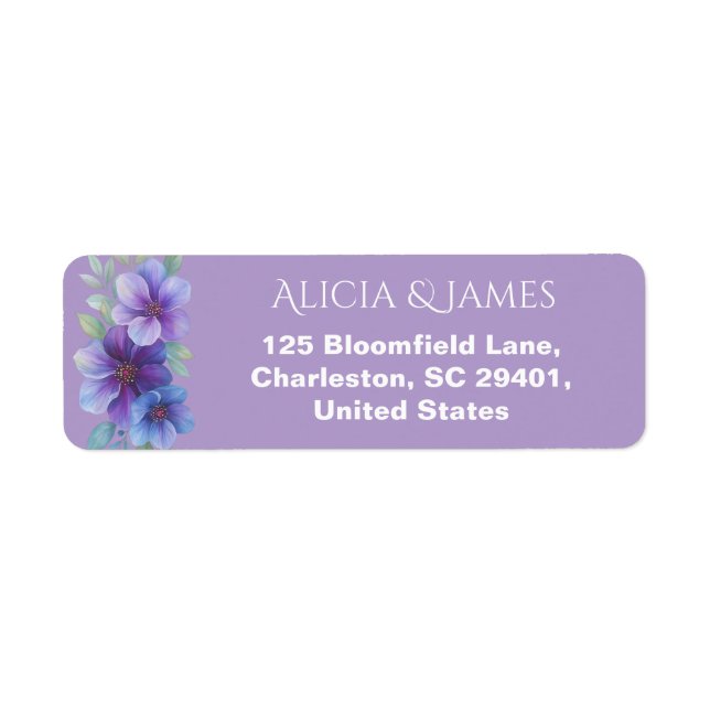 Romantic Purple Blue Botanical Watercolor Wedding  Label (Front)