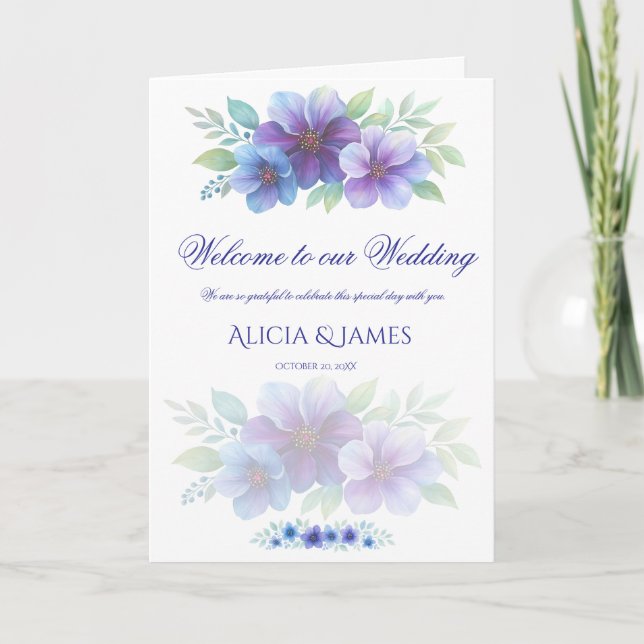 Romantic Purple Blue Botanical Watercolor Wedding  Program (Front)