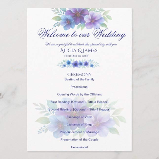 Romantic Purple Blue Botanical Watercolor Wedding  Program (Front)