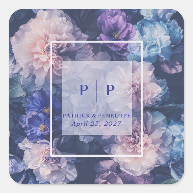 Romantic Purple Blue Floral Watercolor Wedding Square Sticker (Front)