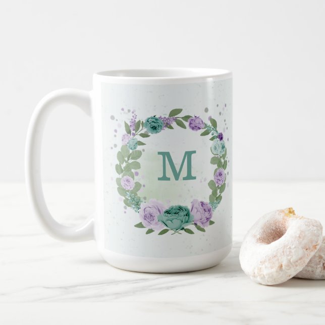 romantic purple blue flowers  greenery coffee mug (With Donut)