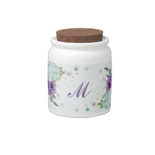 romantic purple blue flowers  greenery wedding candy jar