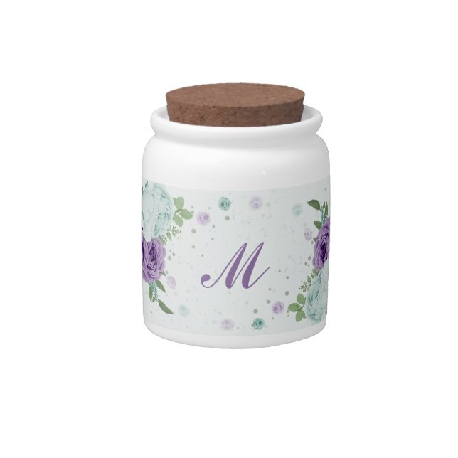 romantic purple blue flowers  greenery wedding candy jar (Front)