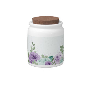 romantic purple blue flowers  greenery wedding candy jar