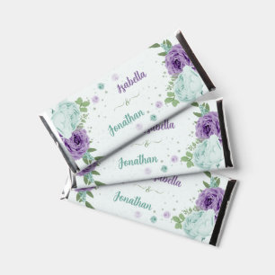 romantic purple blue flowers greenery wedding hershey bar favors