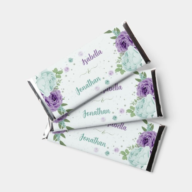 romantic purple blue flowers  greenery wedding hershey bar favors (Front)