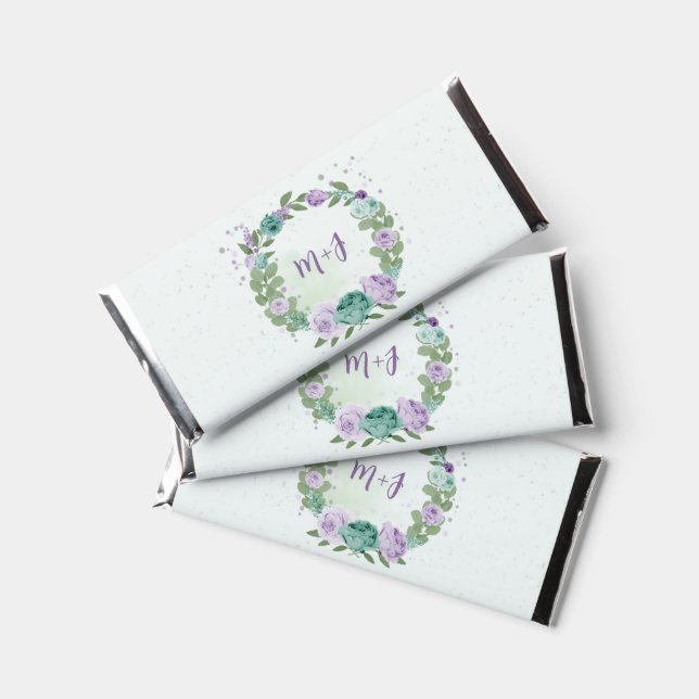 romantic purple blue flowers  greenery wedding hershey bar favors (Front)