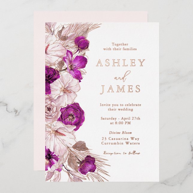 Romantic Purple & Blush Rose Gold Foil Wedding Invitation (Front/Back)