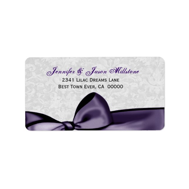 Romantic Purple Bow SIlver Damask Wedding Label (Front)