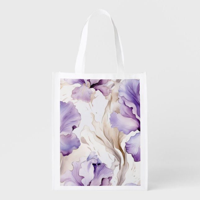 Romantic Purple Cream Iris Floral Bridal Shower Grocery Bag (Front)