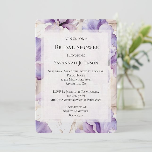 Romantic Purple Cream Iris Floral Bridal Shower Invitation (Standing Front)