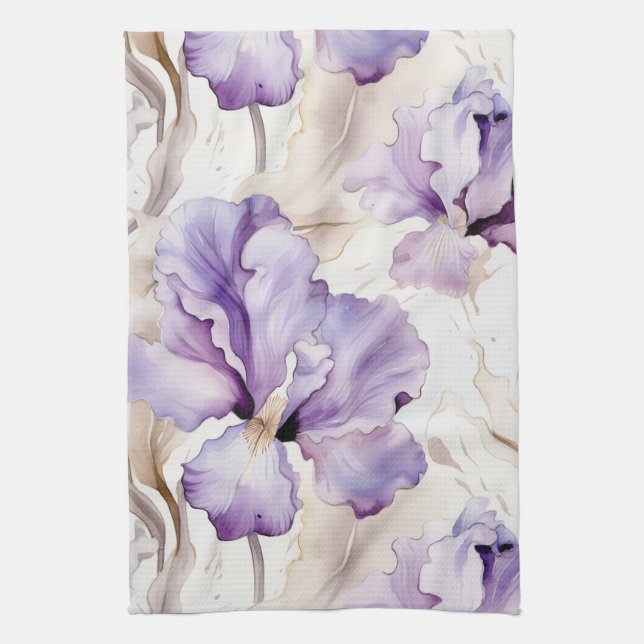 Romantic Purple Cream Iris Floral Bridal Shower Kitchen Towel (Vertical)
