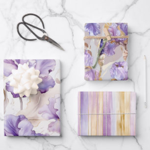 Romantic Purple Cream Iris Floral Bridal Shower Wrapping Paper Sheets