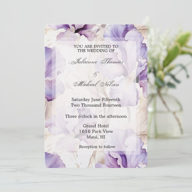Romantic Purple Cream Iris Floral Wedding Invitation (Standing Front)