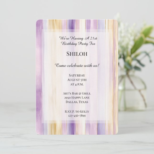 Romantic Purple Cream Iris Stripes Birthday Invitation (Standing Front)