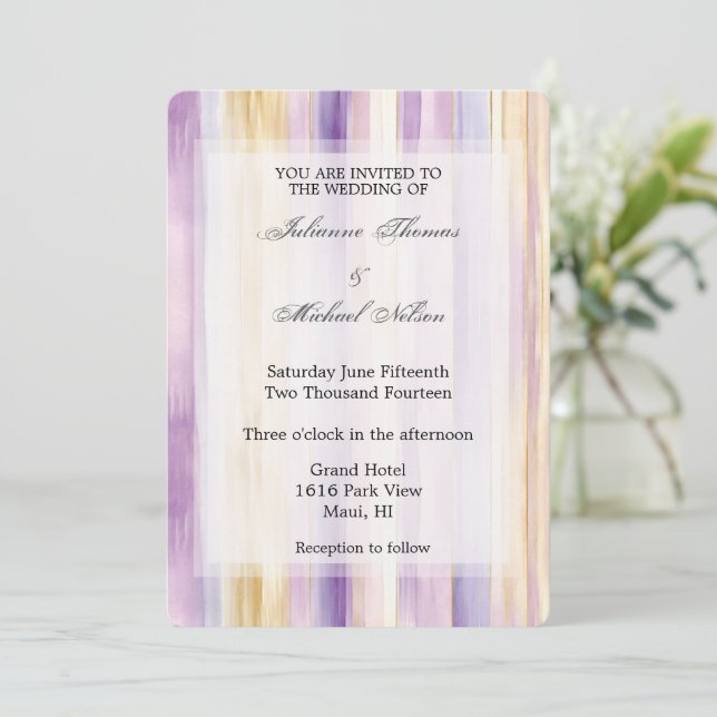 Romantic Purple Cream Iris Stripes Wedding Invitation (Standing Front)