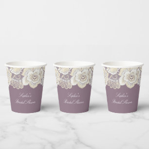 Romantic Purple Cream White Lace Floral Wedding Paper Cups
