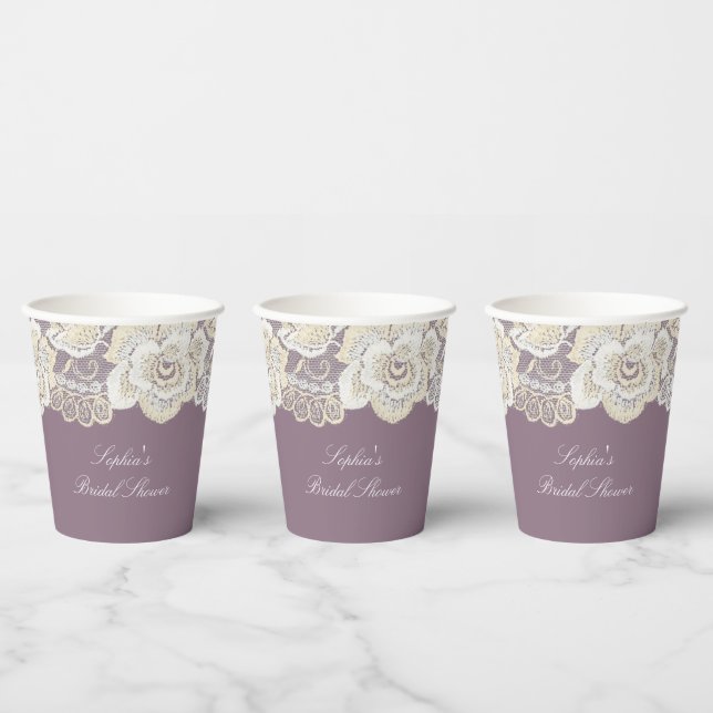 Romantic Purple Cream White Lace Floral Wedding Paper Cups (Multi)