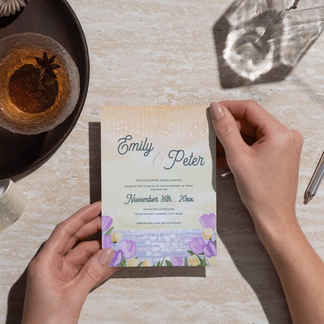 Romantic Purple Floral Beach Sunset Wedding Invite (Romantic Purple Floral Beach Sunset Wedding Invite)