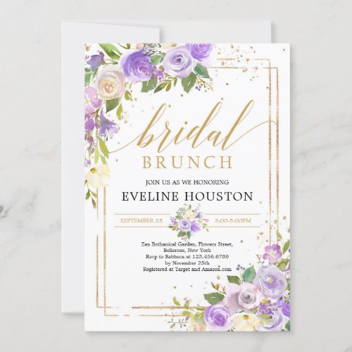 Romantic purple floral gold frame Bridal brunch Invitation
