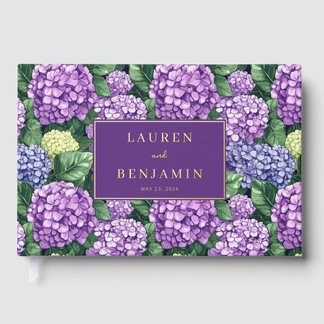 Romantic Purple Floral Hydrangea Foil Guest Book (Front)