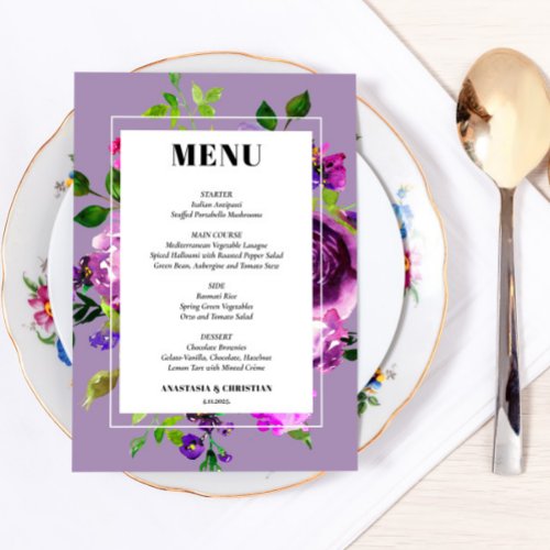 Romantic Purple Floral Menu Card