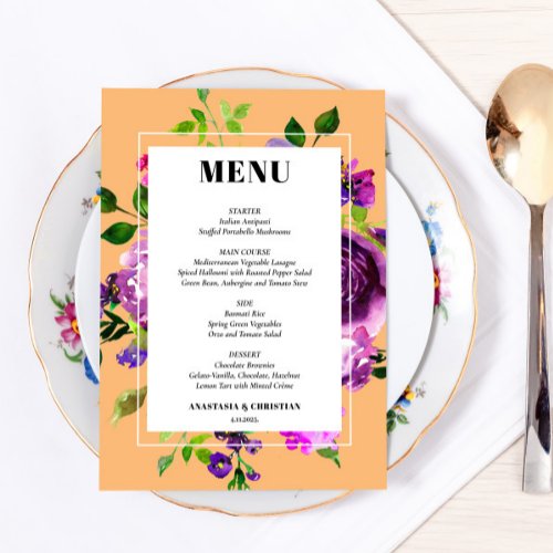 Romantic Purple Floral Menu Card