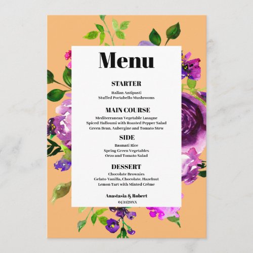 Romantic Purple Floral Menu Card