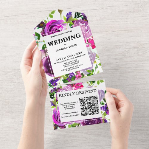 Romantic Purple Floral QR Code  All In One Invitation