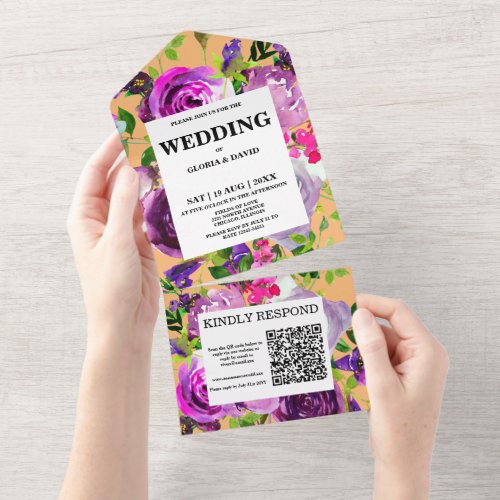 Romantic Purple Floral QR Code  All In One Invitation