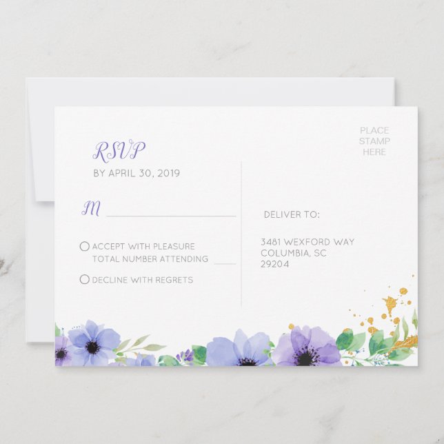 Romantic Purple Floral RSVP Postcard (Back)
