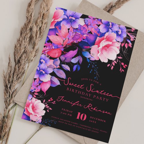 Romantic Purple Floral Sweet 16 Birthday Black Invitation