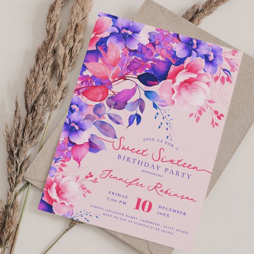 Romantic Purple Floral Sweet 16 Birthday Blush Invitation