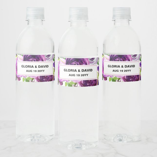Romantic Purple Floral  Water Bottle Label (Bottles)