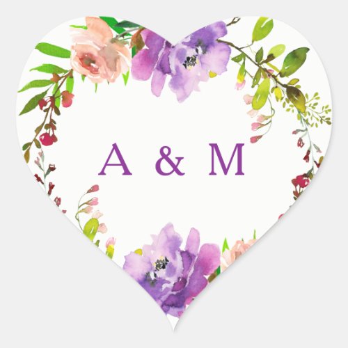 Romantic Purple Floral Wedding Initials Heart Sticker