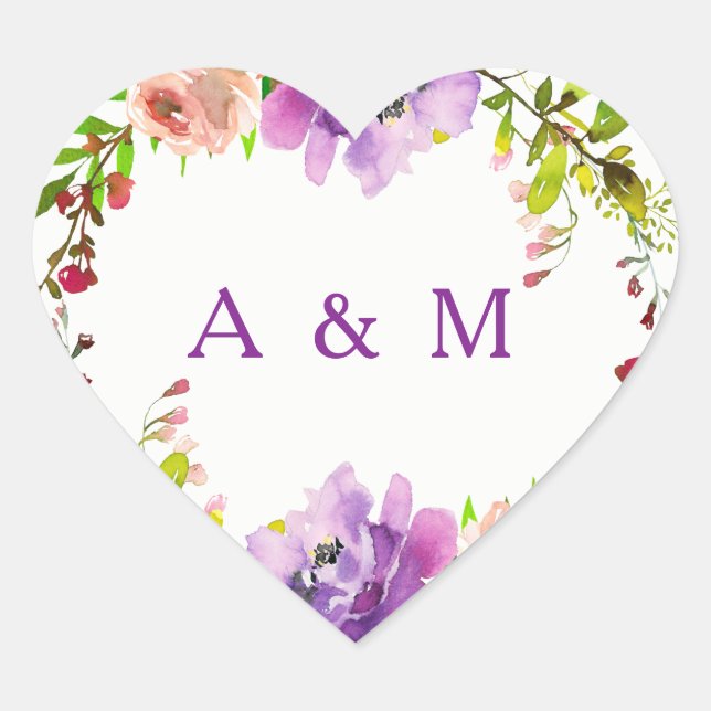 Romantic Purple Floral Wedding Initials Heart Sticker (Front)