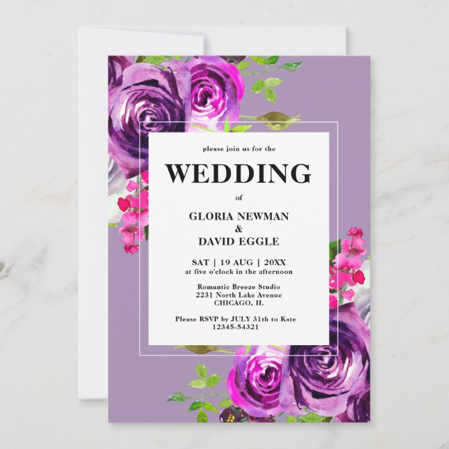 Romantic Purple Floral Wedding Invitation (Front)