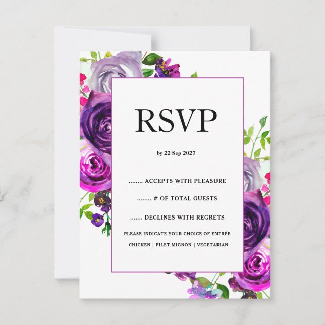 Romantic Purple Floral Wedding RSVP Card (Front)