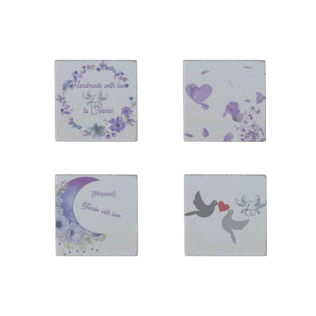 Romantic Purple Floral Wedding Stone Coasters – Cu Magnet (Front)
