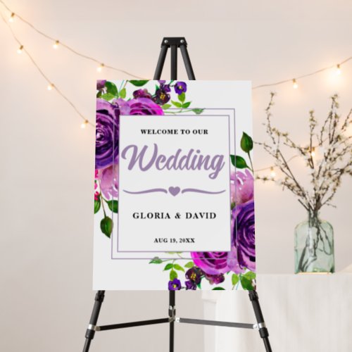 Romantic Purple Floral Wedding Welcome Foam Board