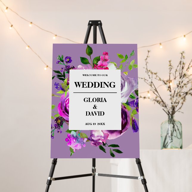 Romantic Purple Floral Wedding Welcome Foam Board (In Situ (Stand))