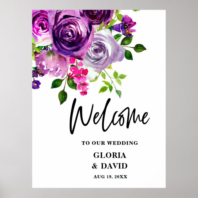 Romantic Purple Floral Wedding Welcome  Poster (Front)